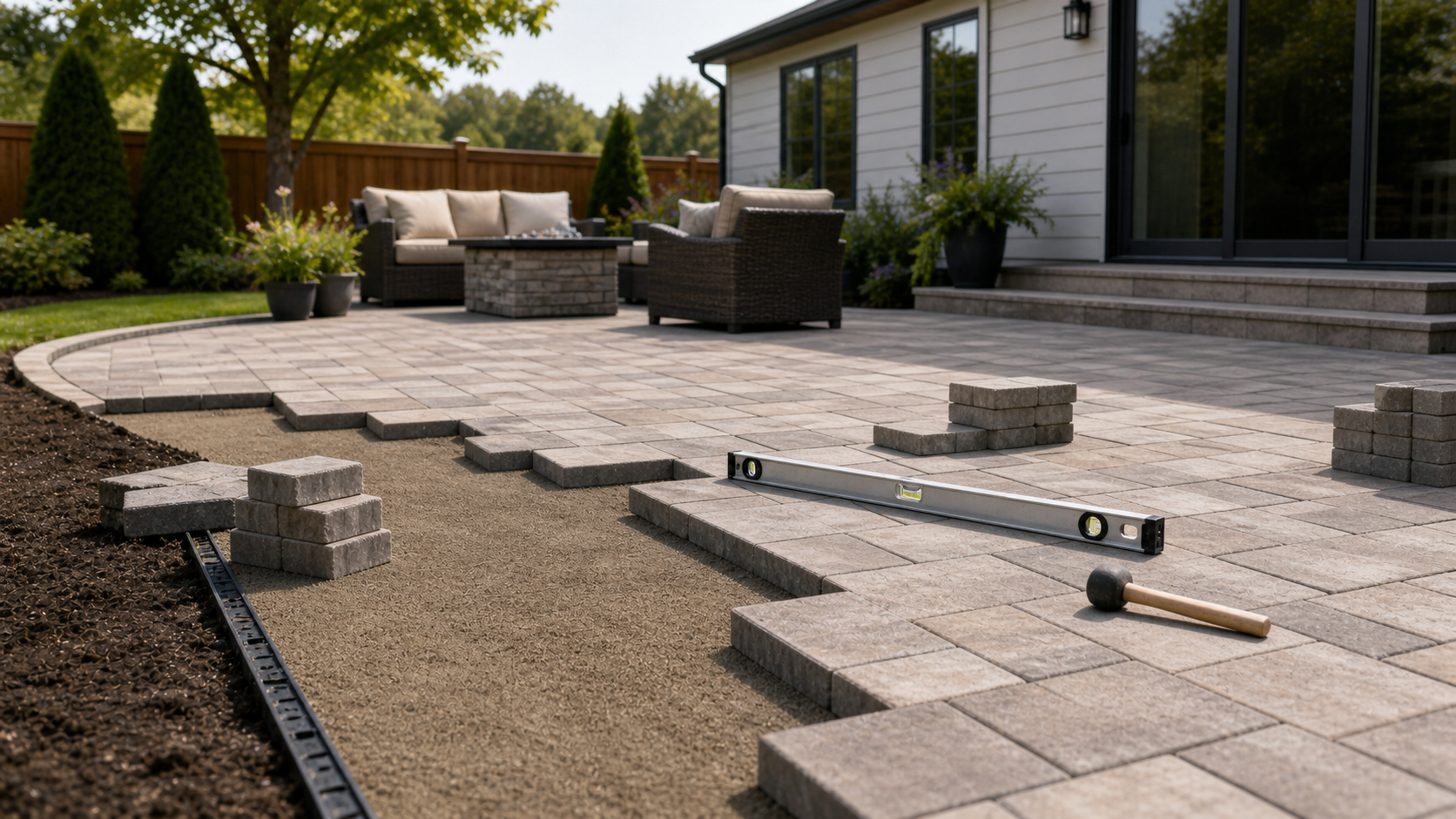Stone paver patio being laid on a leveled stone-dust base with a screed level and rubber mallet beside a finished outdoor lounge area