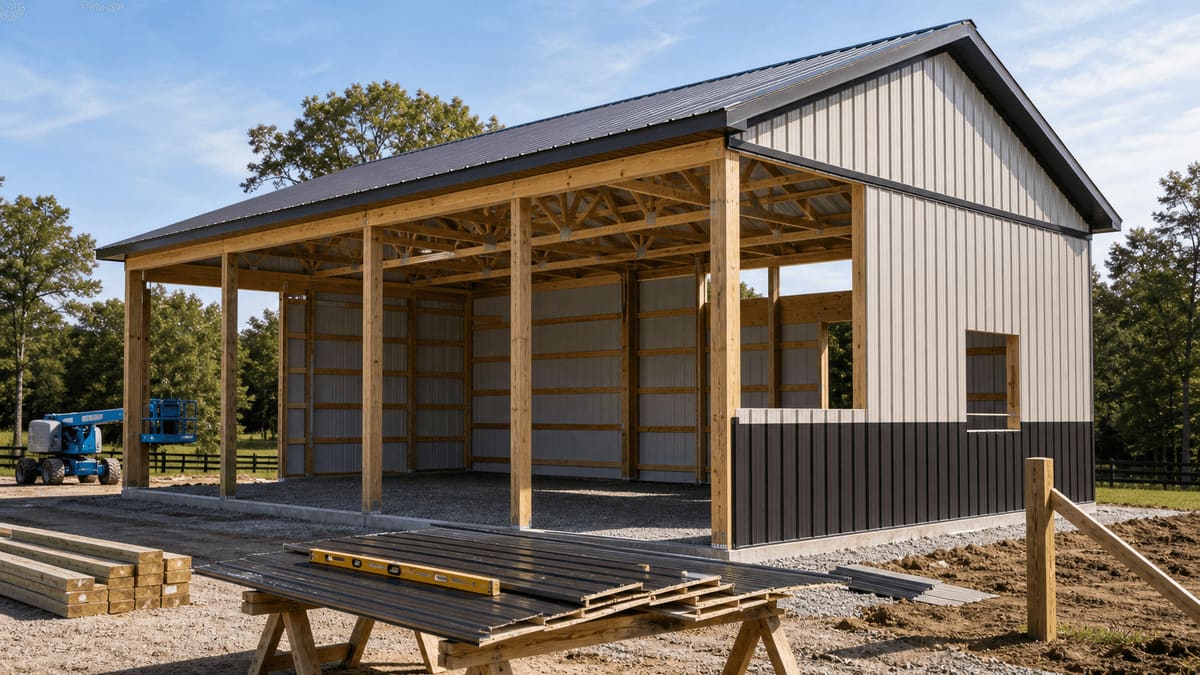 New post-frame pole barn with stained vertical wood siding, a metal roof, sliding barn door, and large windows in a rural setting