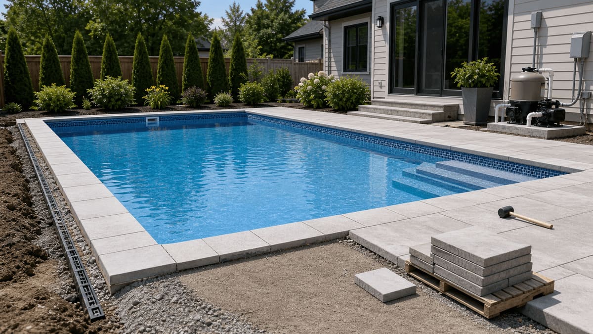 Rectangular in-ground swimming pool with white concrete coping and paver decking in progress in a fenced backyard