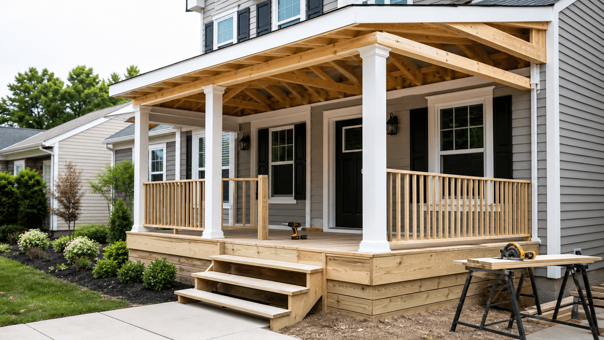 Covered residential porch mid-installation with wood framing, posts, railings, and stairs attached to a suburban home