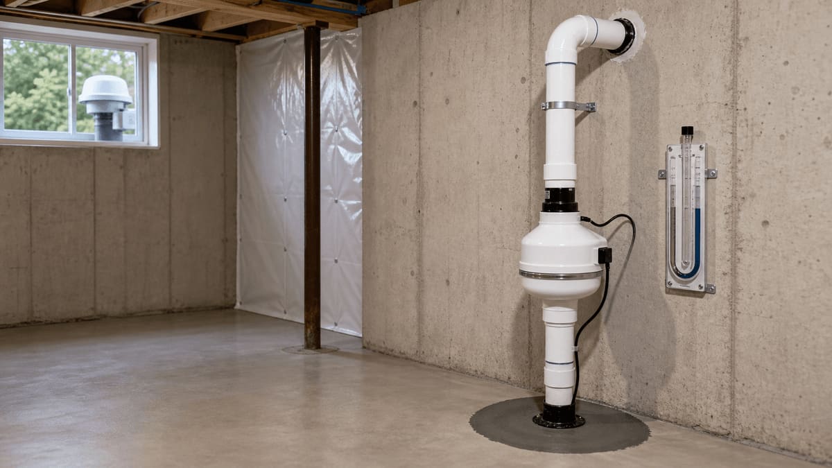 Residential radon mitigation system installed against an exterior wall with a white PVC suction pipe, in-line radon fan, and U-tube manometer visible at the discharge
