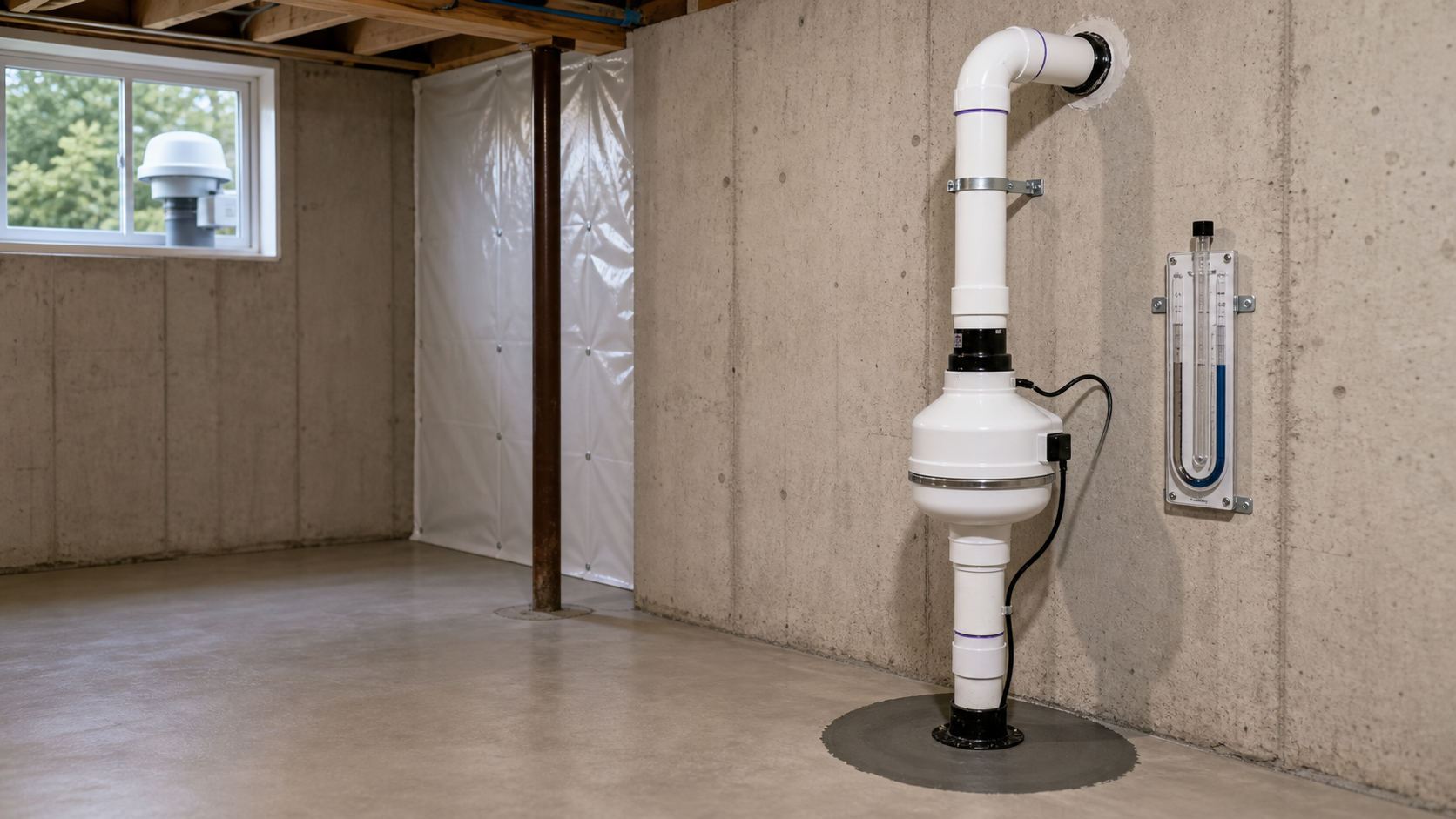 Residential radon mitigation system installed against an exterior wall with a white PVC suction pipe, in-line radon fan, and U-tube manometer visible at the discharge