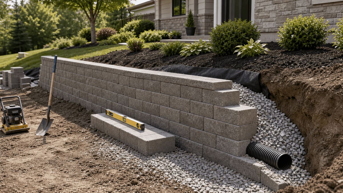 Engineered concrete-block retaining wall with crushed-stone backfill and perforated drain pipe on a sloped backyard grade