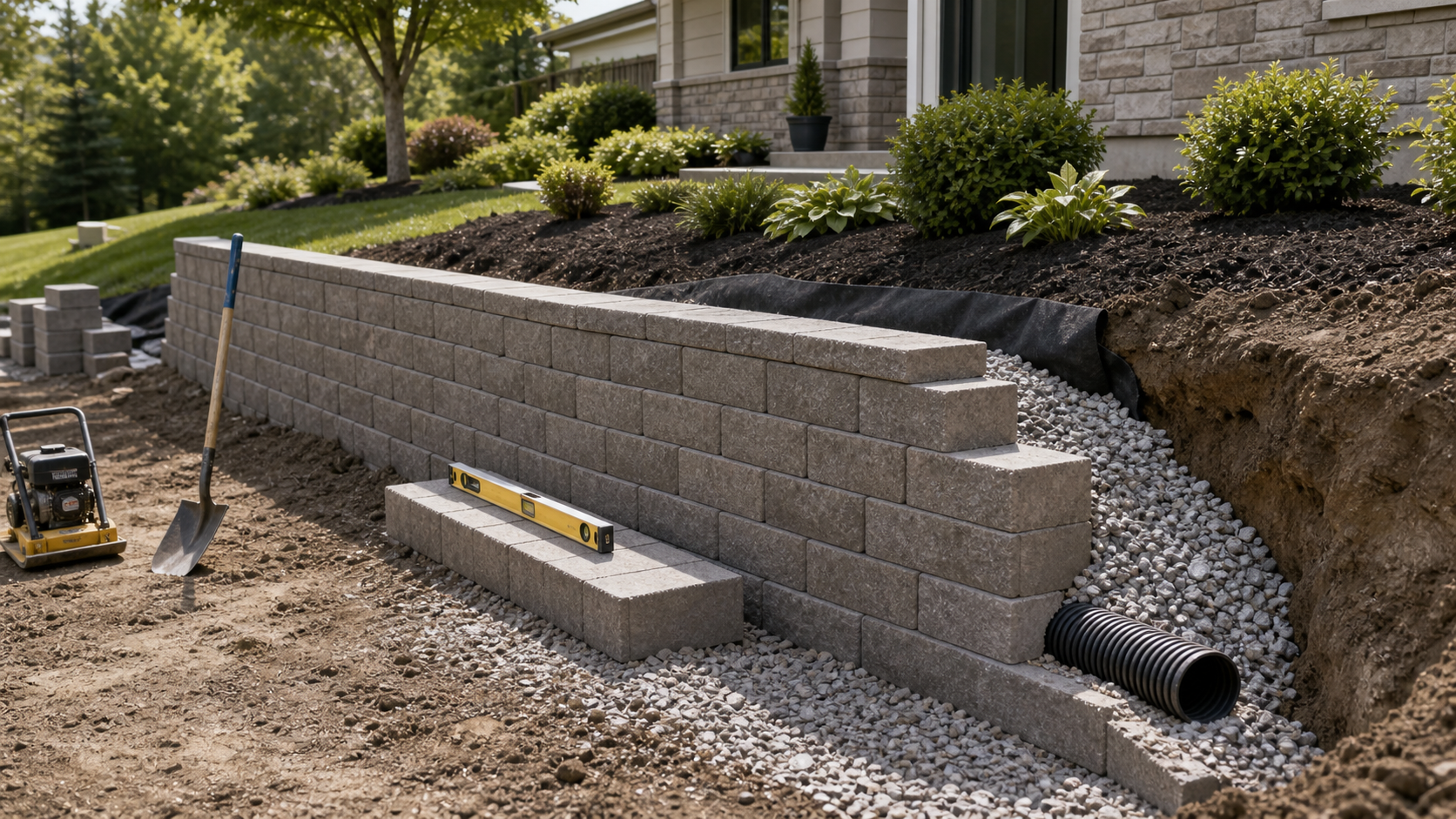 Engineered concrete-block retaining wall with crushed-stone backfill and perforated drain pipe on a sloped backyard grade