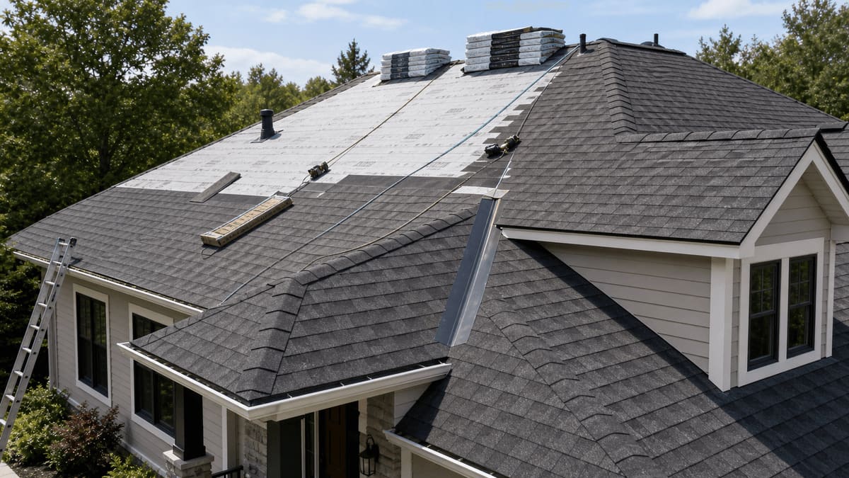 Aerial view of a multi-gable home roof mid-replacement with new architectural asphalt shingles, exposed underlayment, and bundles staged on the deck