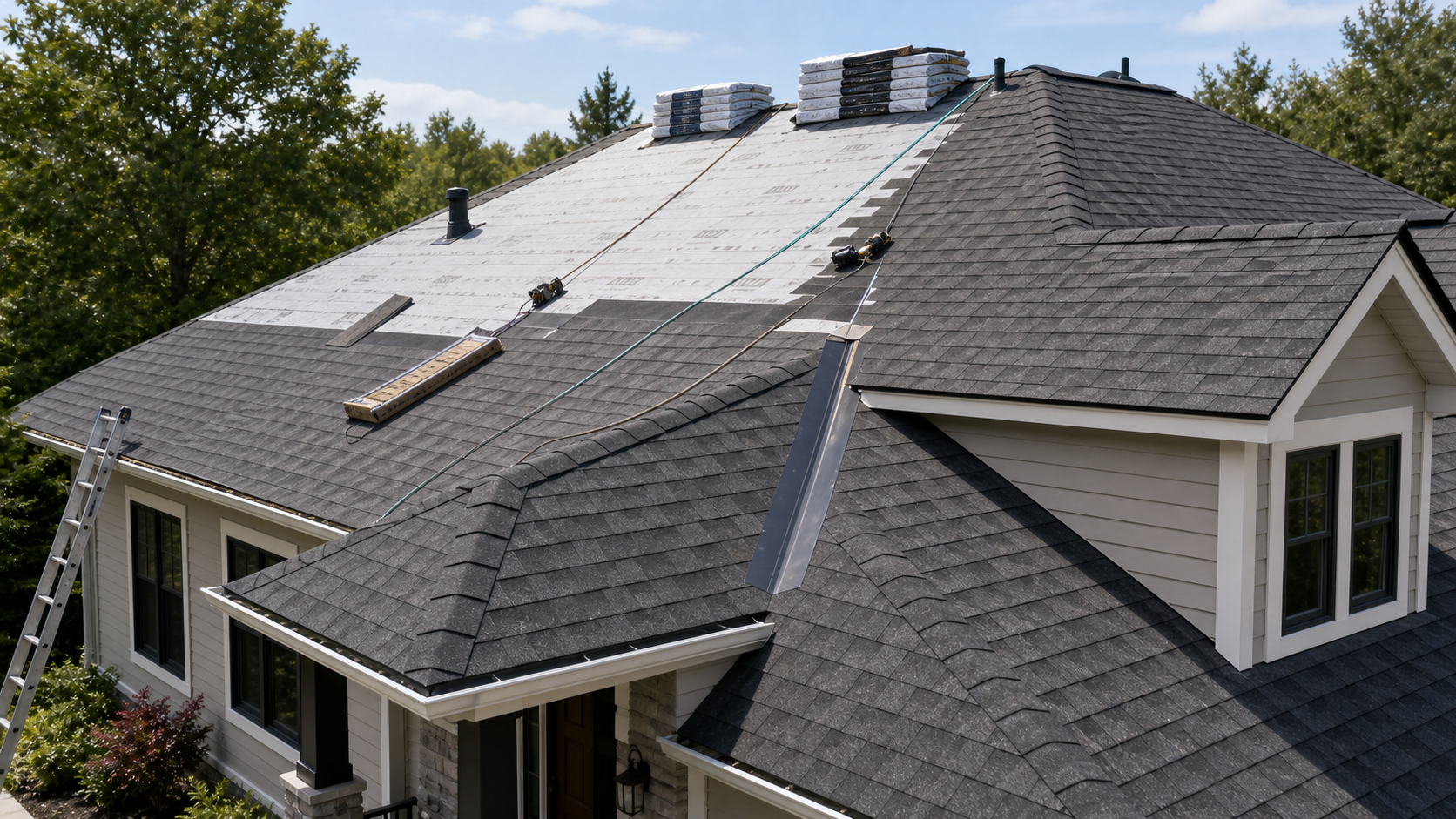 Aerial view of a multi-gable home roof mid-replacement with new architectural asphalt shingles, exposed underlayment, and bundles staged on the deck