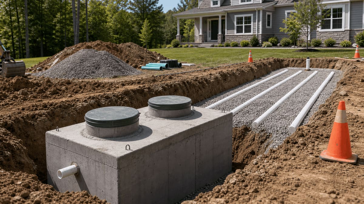 Excavated residential septic system with a new concrete tank set in the trench and corrugated drain-field pipe staged for the leach field
