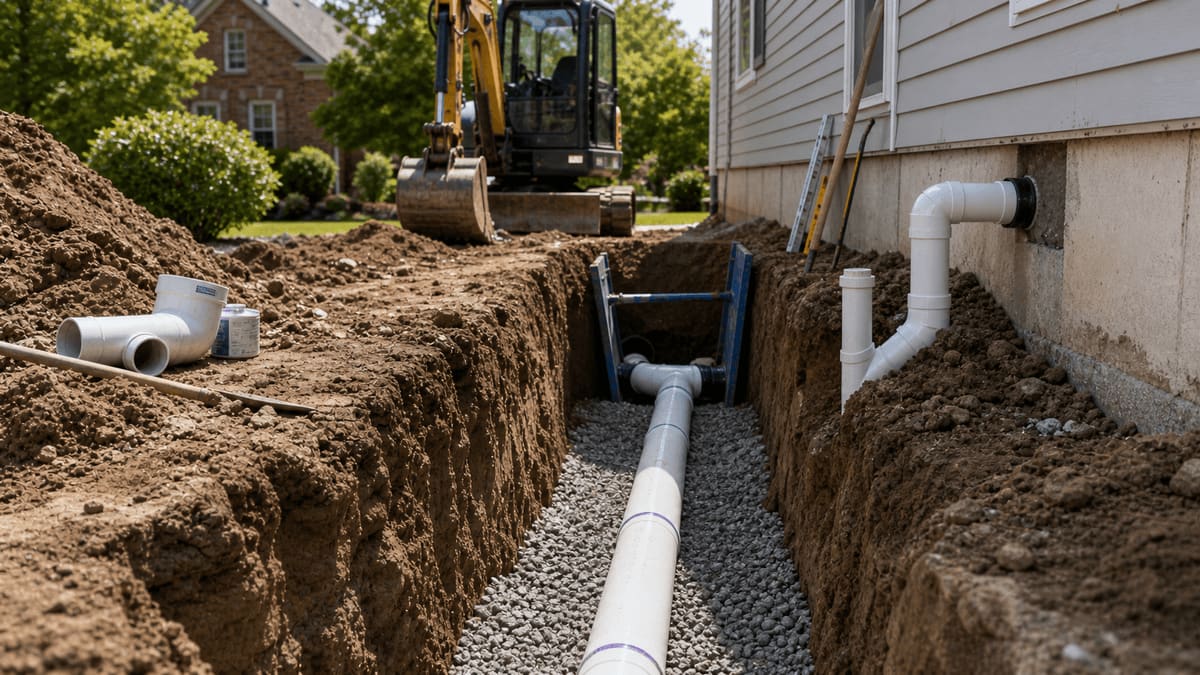 Trenchless sewer-line replacement on a residential property with a pipe-bursting head, an HDPE pipe coil, and a pulled section of old clay pipe