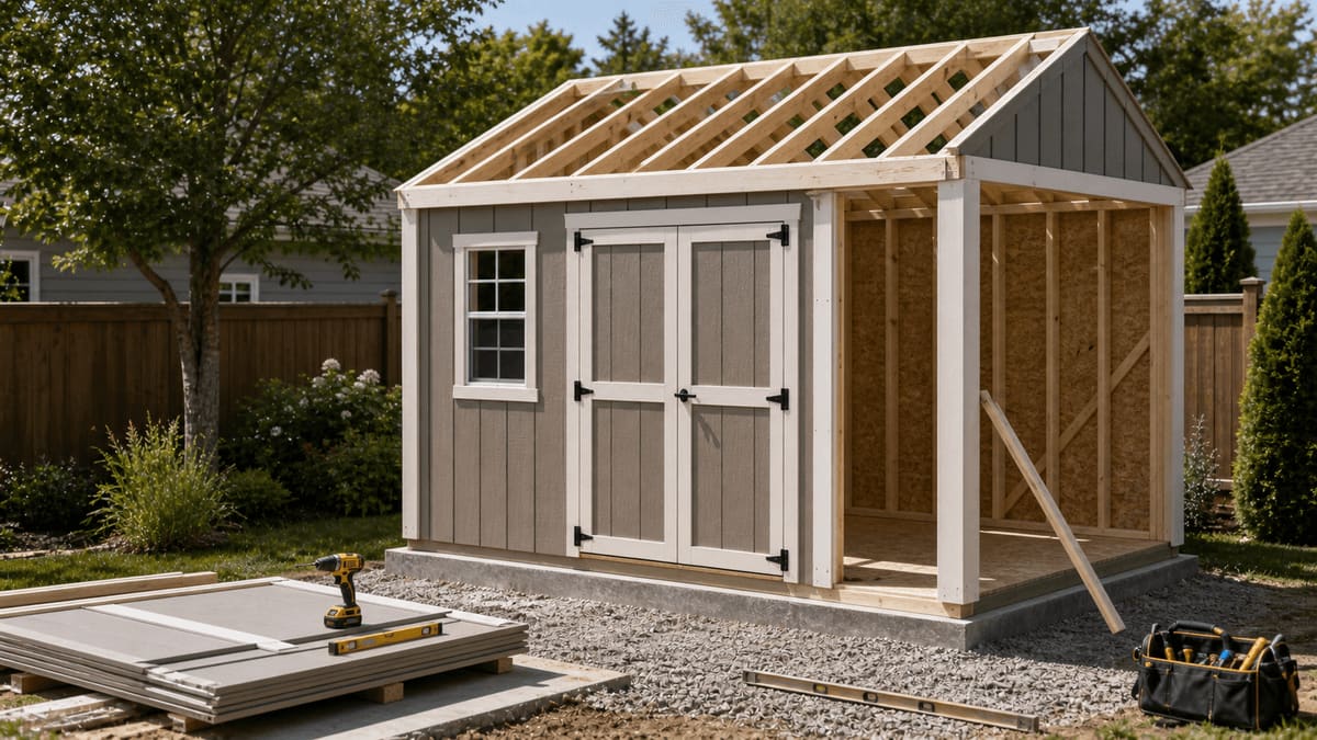 New wood-frame backyard storage shed with a metal roof, side door, and a ramp on a level gravel pad