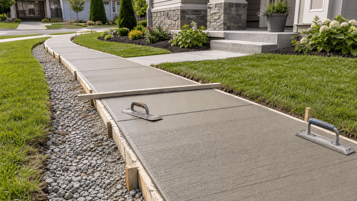 Fresh concrete sidewalk mid-installation with wood forms, broom finish, trowels, gravel base, lawn, and a suburban home entry