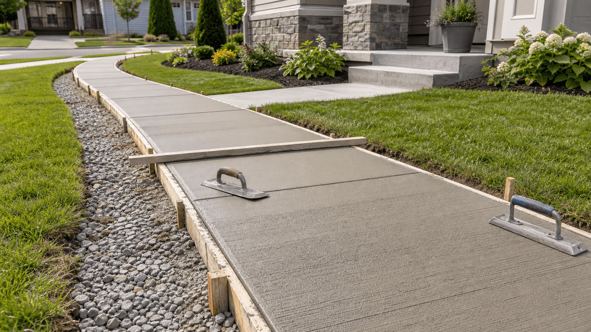 Fresh concrete sidewalk mid-installation with wood forms, broom finish, trowels, gravel base, lawn, and a suburban home entry