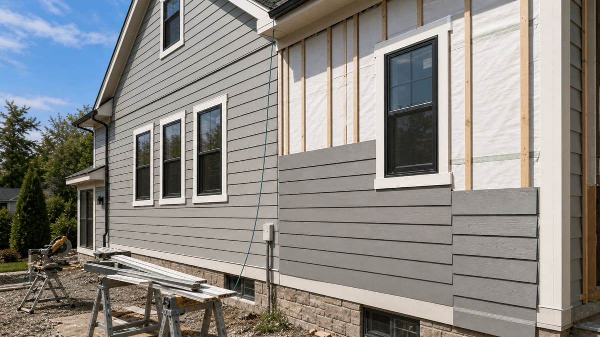Home exterior mid-residing with gray lap siding on one wall, exposed house wrap and furring strips on the next, and a sawhorse staging area