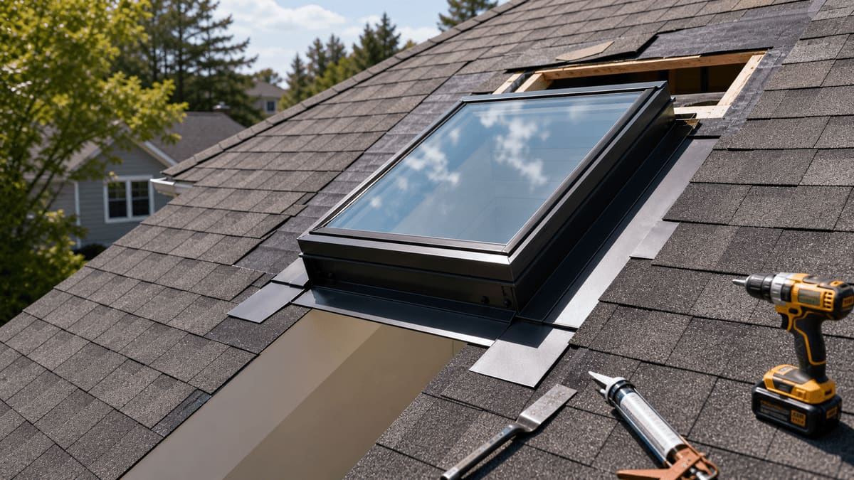 Newly installed deck-mounted fixed skylight in a residential gable roof with the flashing kit visible and a clean-cut opening from below in the attic