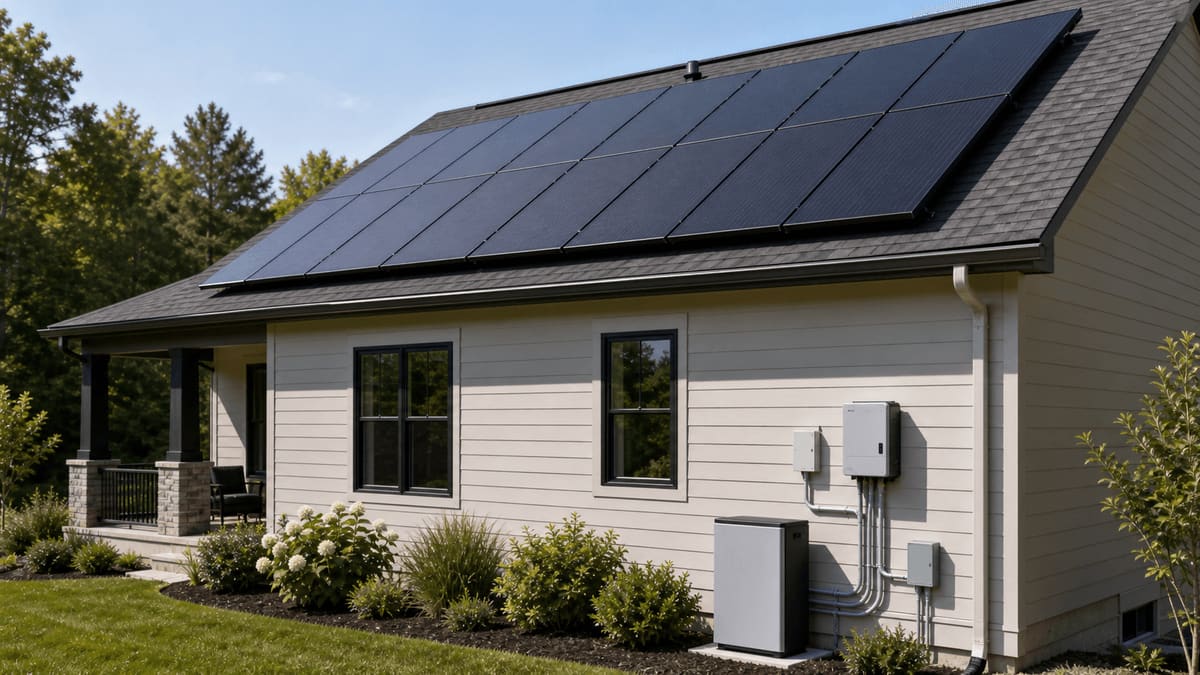 Residential solar PV array installed on an asphalt-shingle roof with microinverters under each panel, plus a wall-mounted inverter and battery in the garage