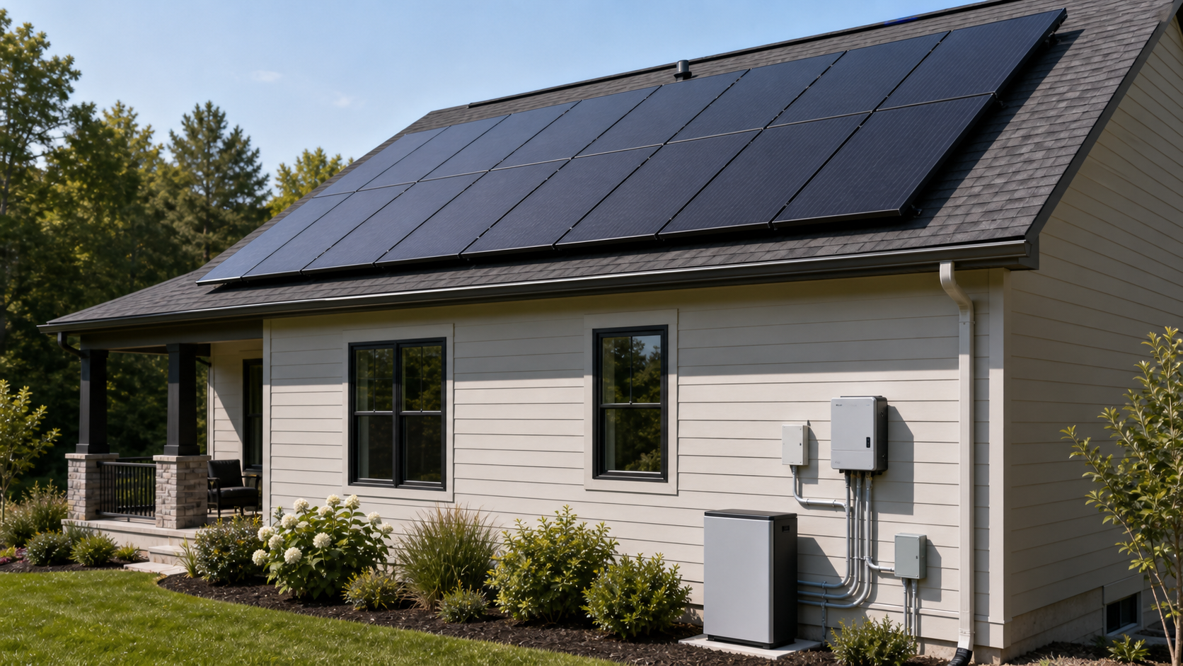 Residential solar PV array installed on an asphalt-shingle roof with microinverters under each panel, plus a wall-mounted inverter and battery in the garage