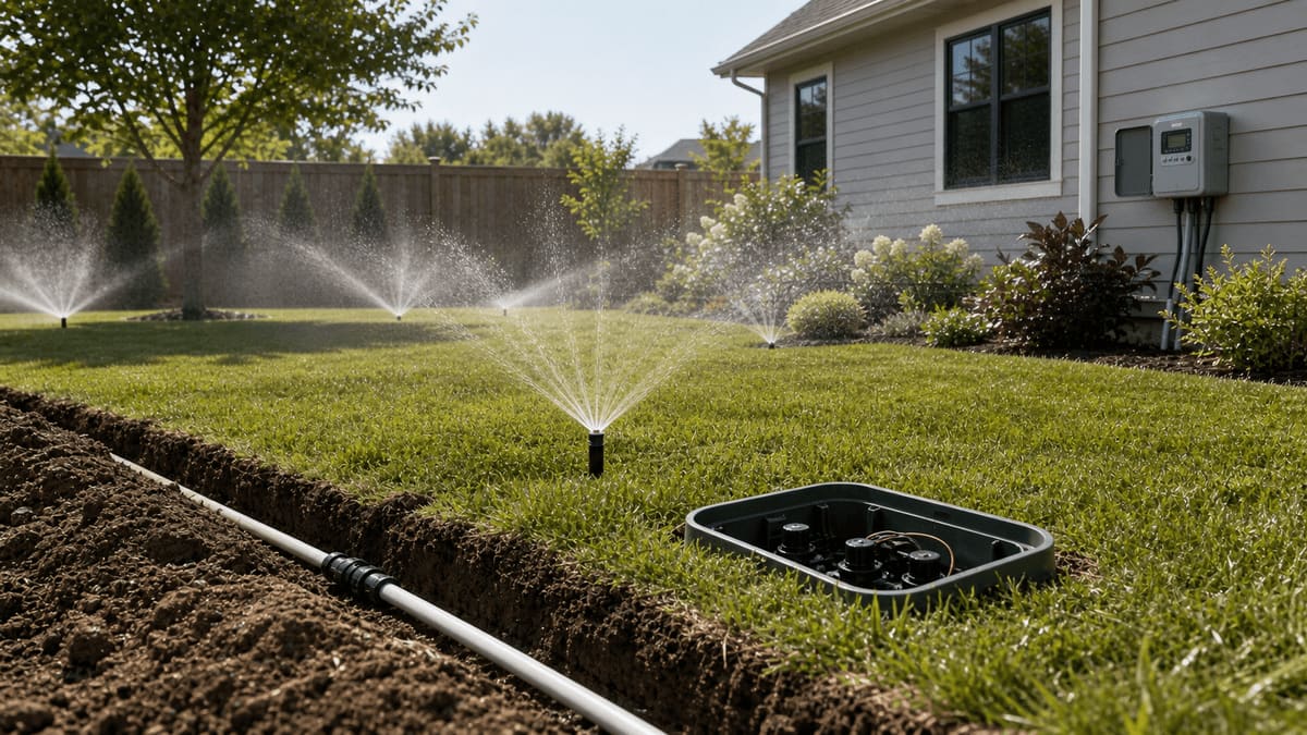 In-ground lawn sprinkler system mid-installation with active rotor heads, an open valve box, exposed PVC supply line, and a wall-mounted controller