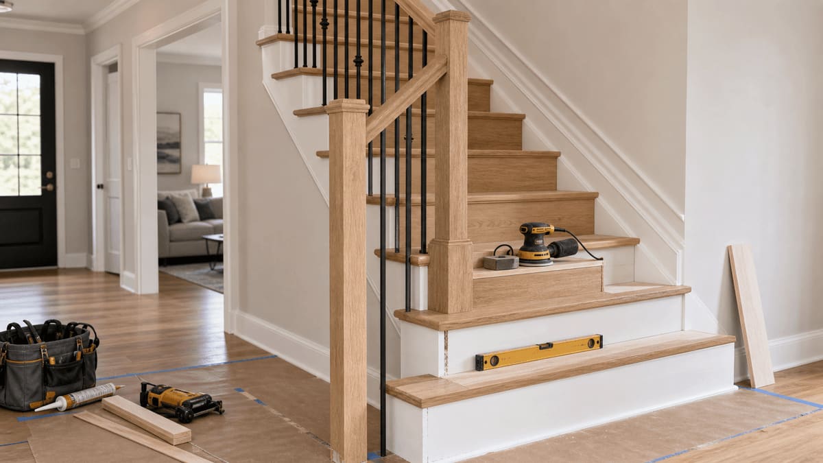 Refinished hardwood staircase with stained treads, painted white risers, a newel post, and a fresh polyurethane finish