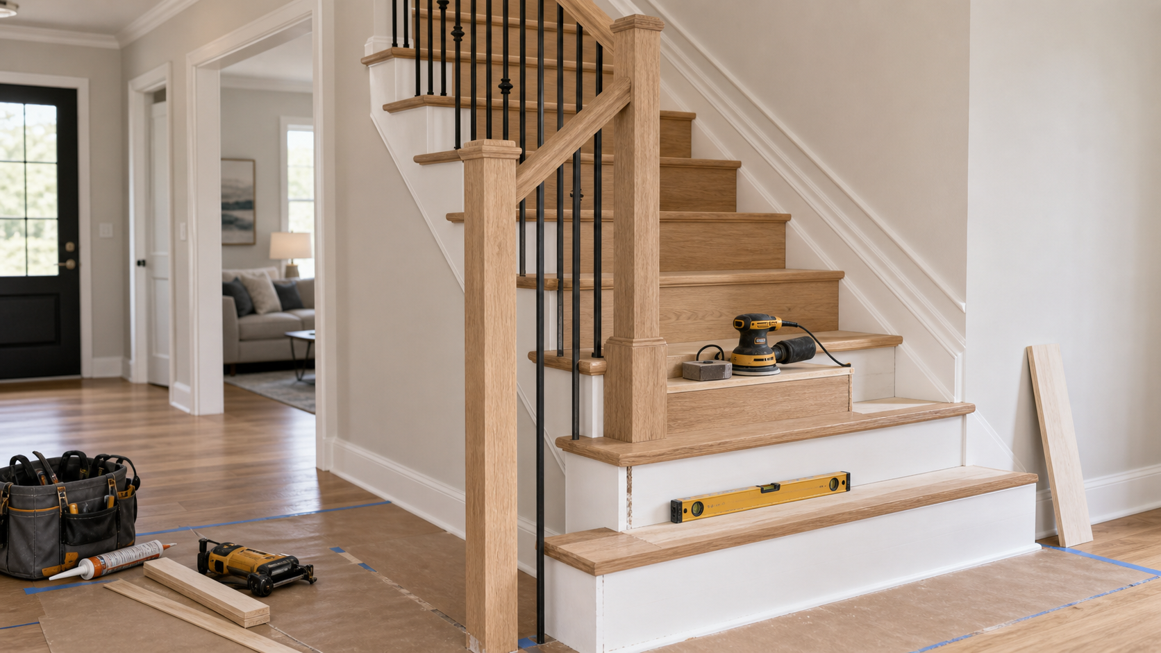 Refinished hardwood staircase with stained treads, painted white risers, a newel post, and a fresh polyurethane finish