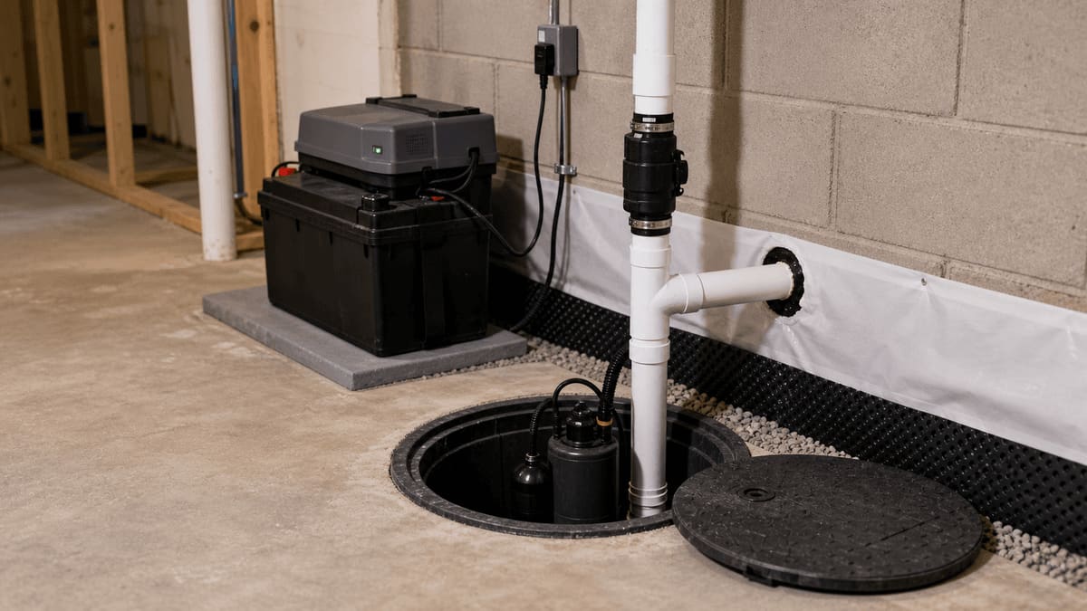 Sump-pump basin in a basement corner with a submersible primary pump, battery-backup secondary, check valve, and PVC discharge line going outside