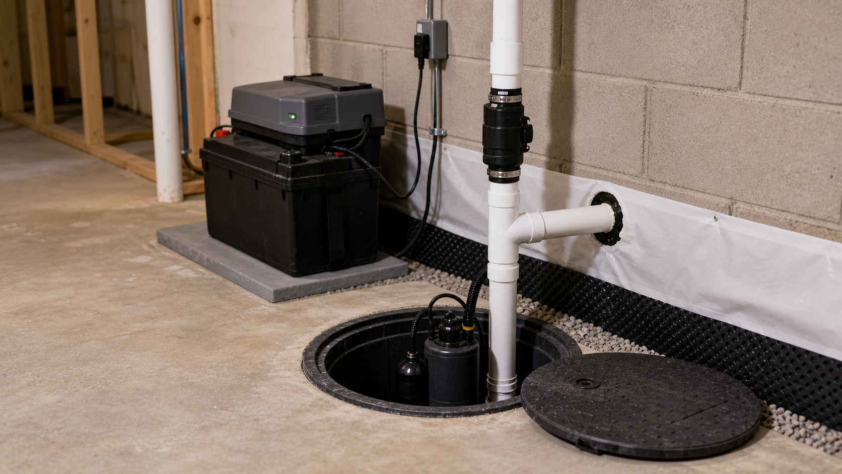 Sump-pump basin in a basement corner with a submersible primary pump, battery-backup secondary, check valve, and PVC discharge line going outside
