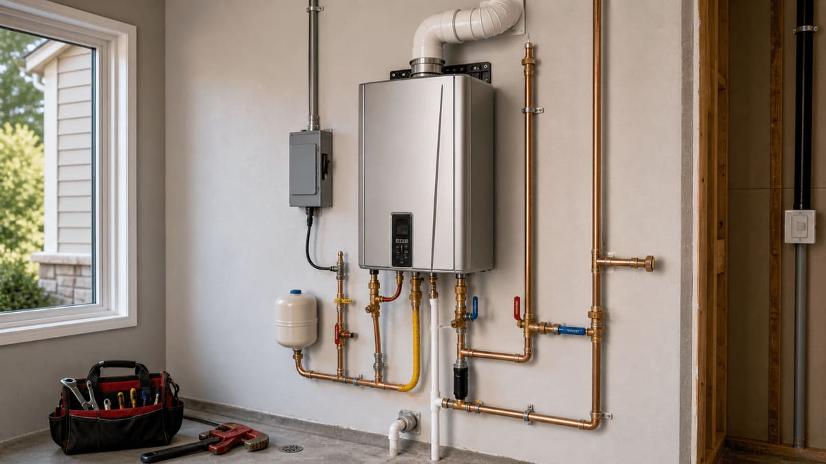 Wall-mounted tankless gas water heater in a utility room with PVC vent piping, gas-line shutoff valves, and isolation flush valves on the supply lines