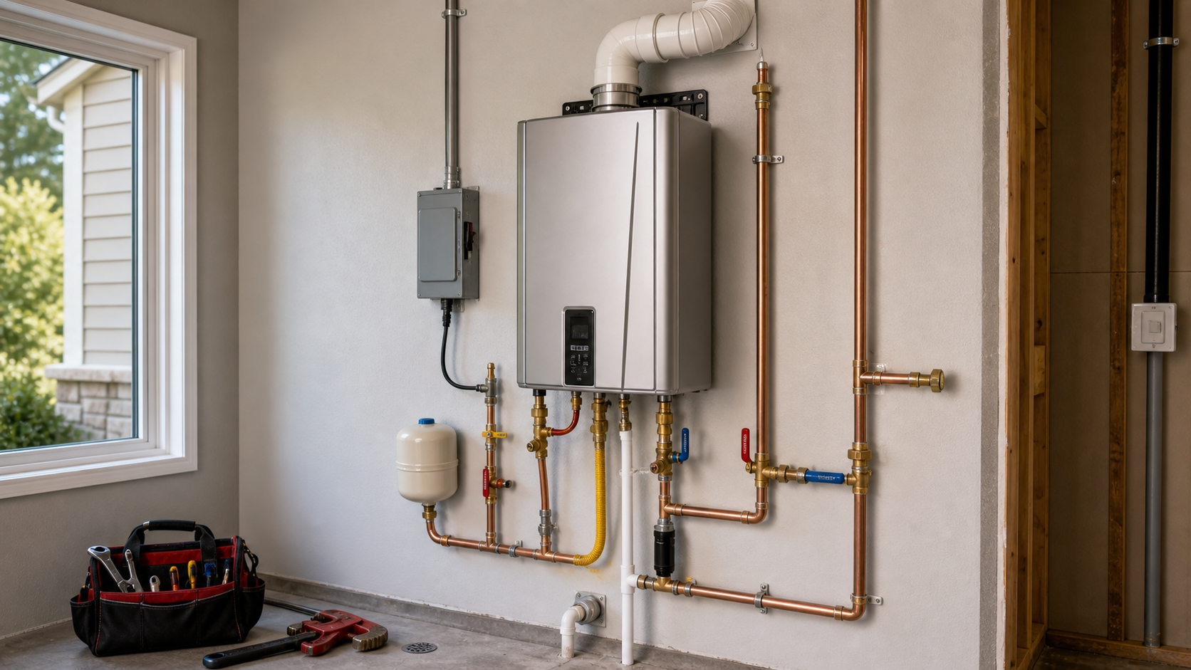 Wall-mounted tankless gas water heater in a utility room with PVC vent piping, gas-line shutoff valves, and isolation flush valves on the supply lines