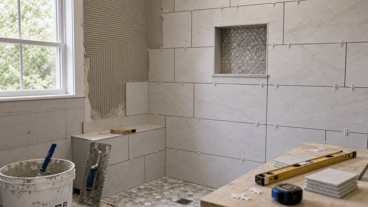 Bathroom shower mid-tile-install with white subway tile on the walls, hex-mosaic tile on the floor, Schluter edge trim, and tile spacers visible