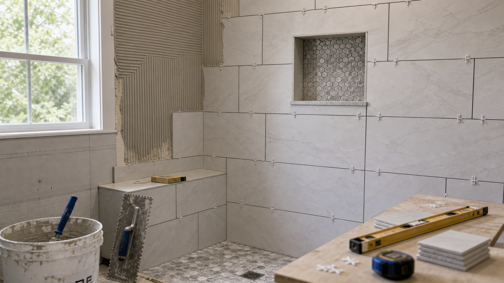 Bathroom shower mid-tile-install with white subway tile on the walls, hex-mosaic tile on the floor, Schluter edge trim, and tile spacers visible