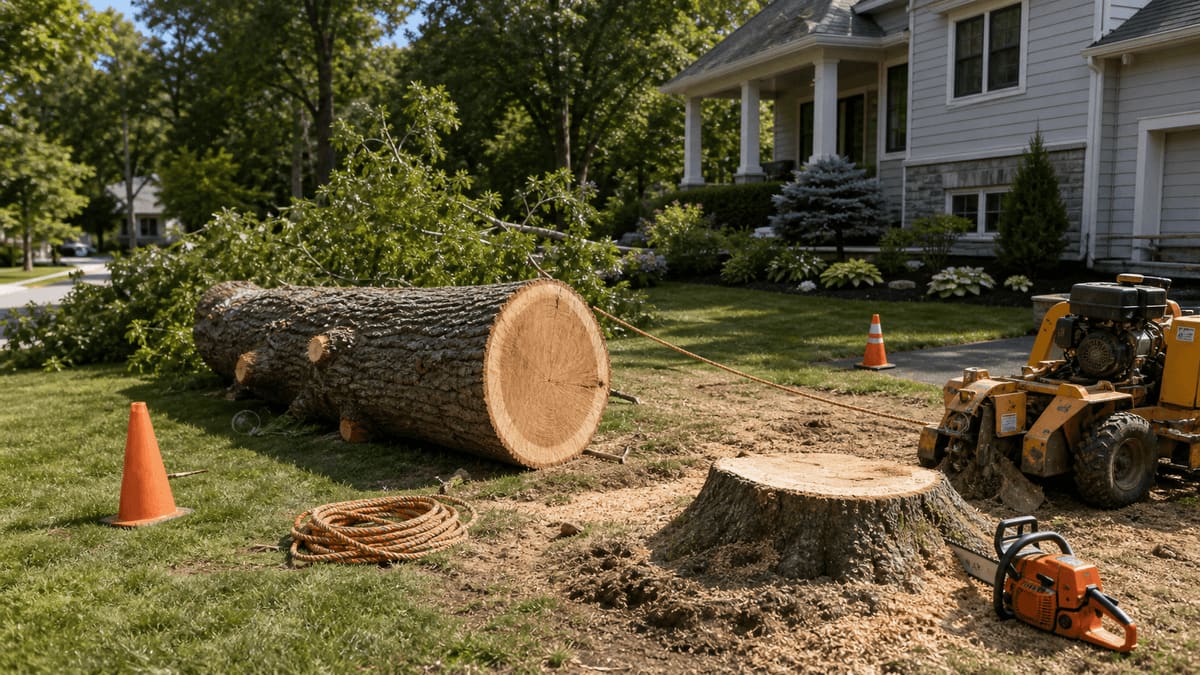 Large hardwood tree felled in sections on a residential lawn with a fresh-cut stump, stump grinder, chainsaw, rope, and safety cones