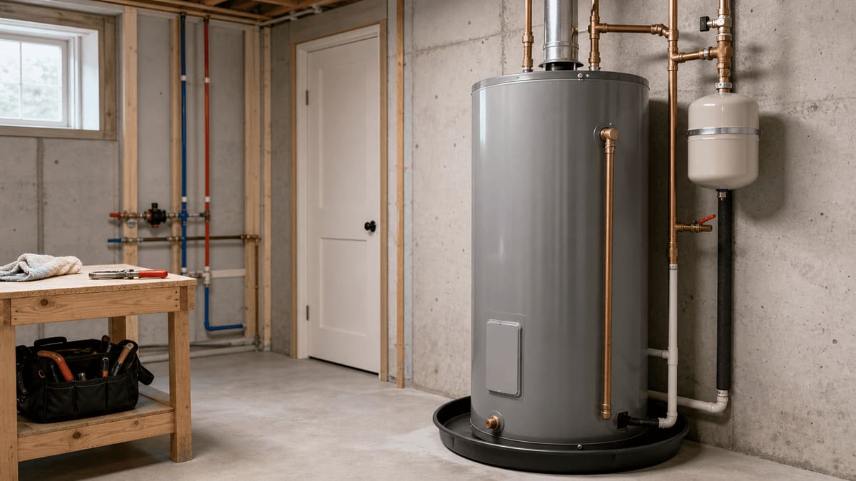 Newly installed residential water heater in an unfinished basement with copper supply lines, an expansion tank, drip pan, and plumber tools on a nearby workbench