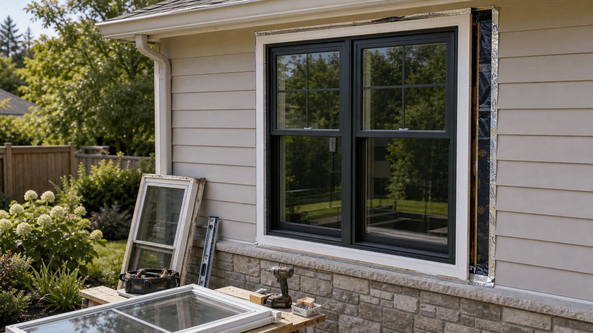 Black-framed double-hung replacement window installed in a vinyl-sided home with flashing tape visible at the jamb and the old sash set aside on a sawhorse